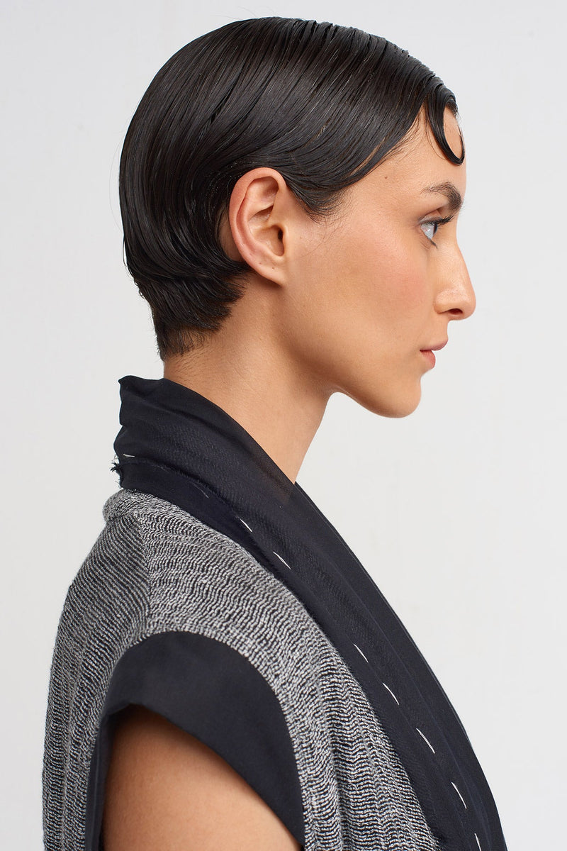 NU Sleeveless, Shawl Collar Linen Jacket With Veil Detail Black & Grey
