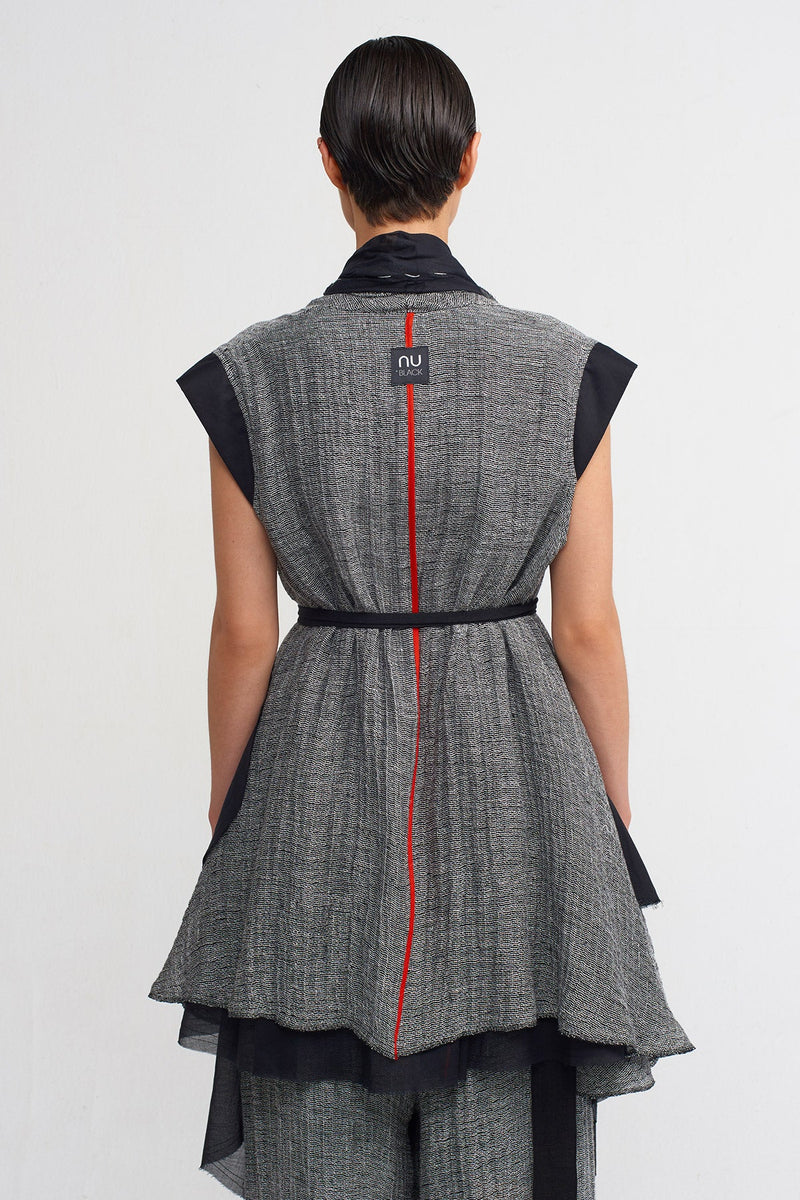 NU Sleeveless, Shawl Collar Linen Jacket With Veil Detail Black & Grey