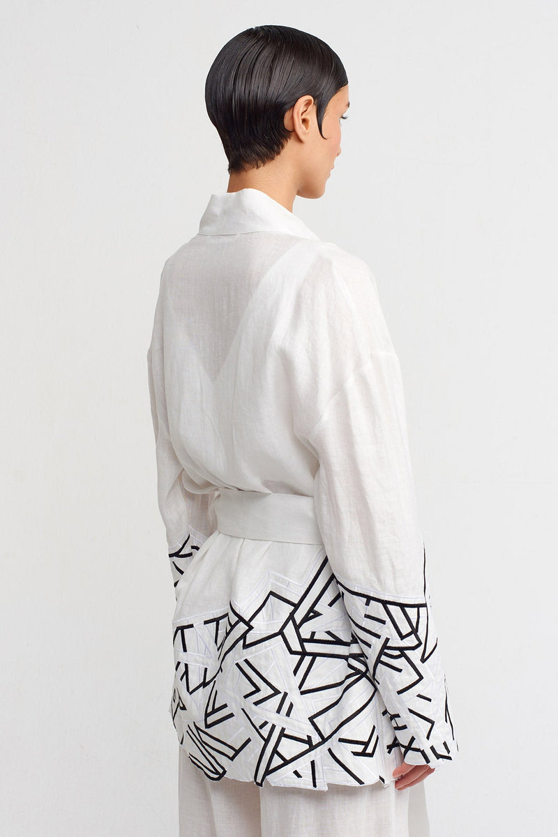 NU Embroidered Short Kimono With Hem Details Off White/Black