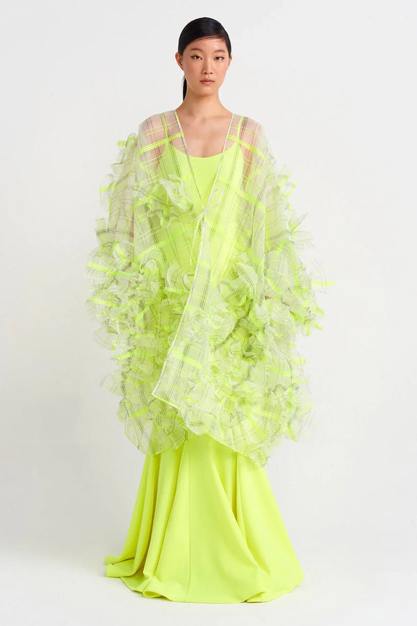 NU Plaid Printed Organza Fluffy Kimono Green