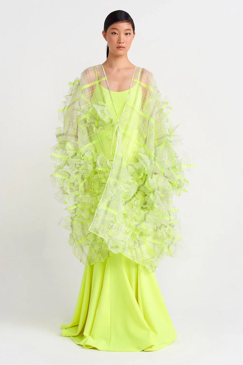 NU Plaid Printed Organza Fluffy Kimono Green