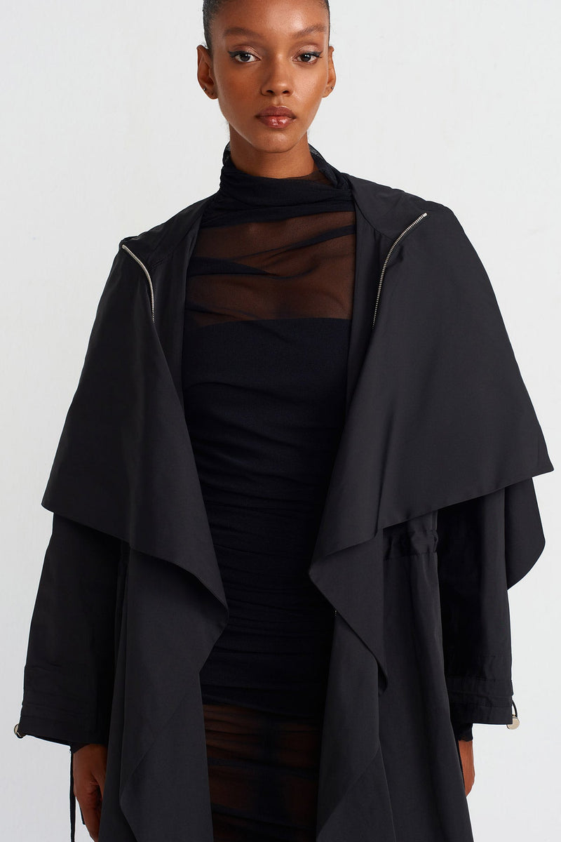 NU Hooded Long Raincoat Black