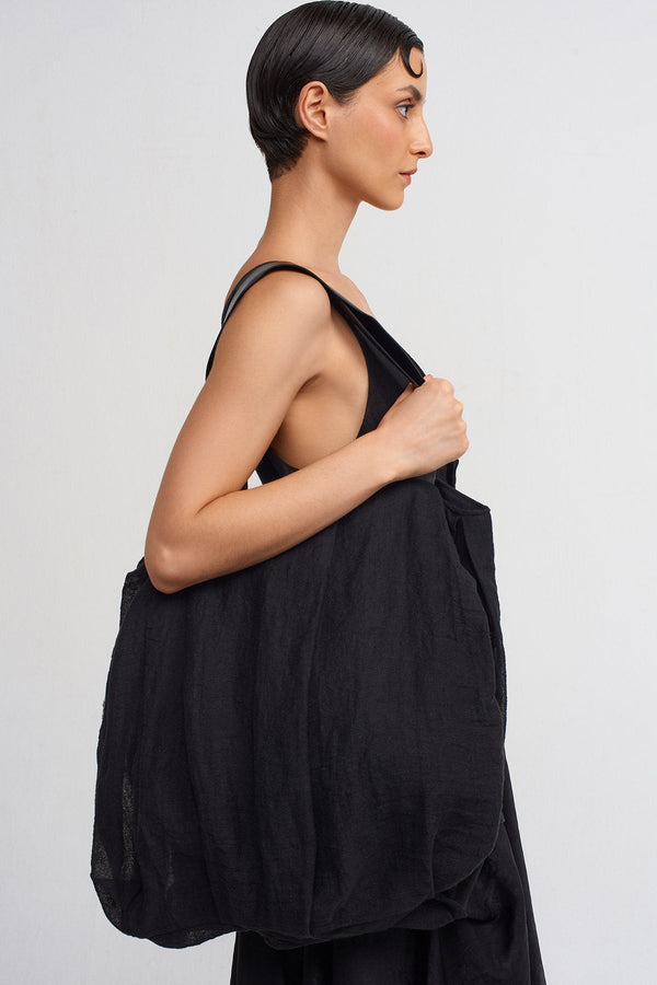 NU Leather Handles Linen Shoulder Bag Black