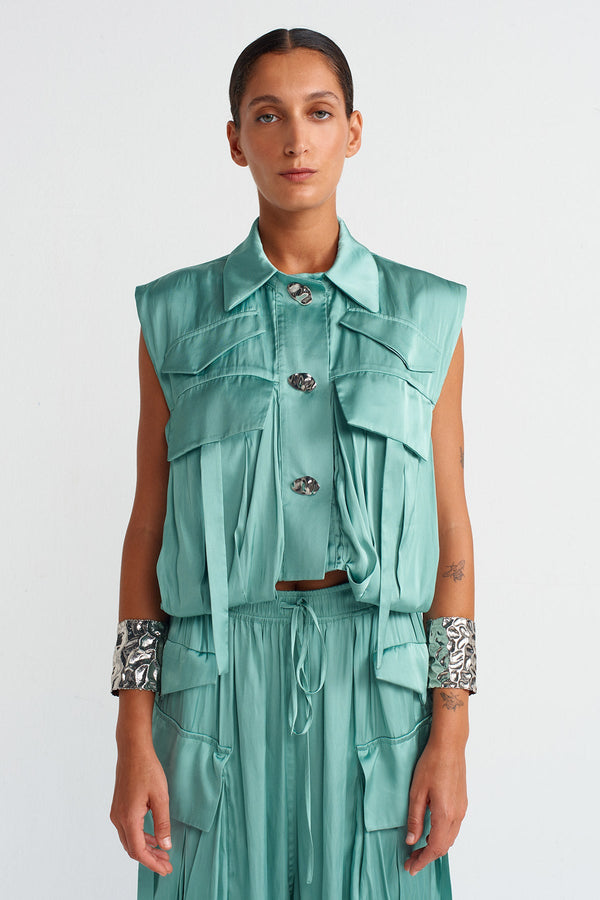 NU Silver Buttoned Pocket Satin Shirt Turquoise