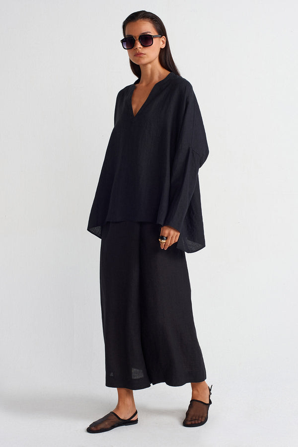 NU V Neck Long Sleeve Linen Blouse Black