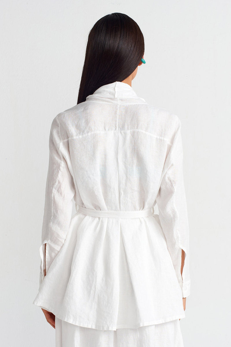 Nu Shawl Collar Belted Linen Blouse Off White