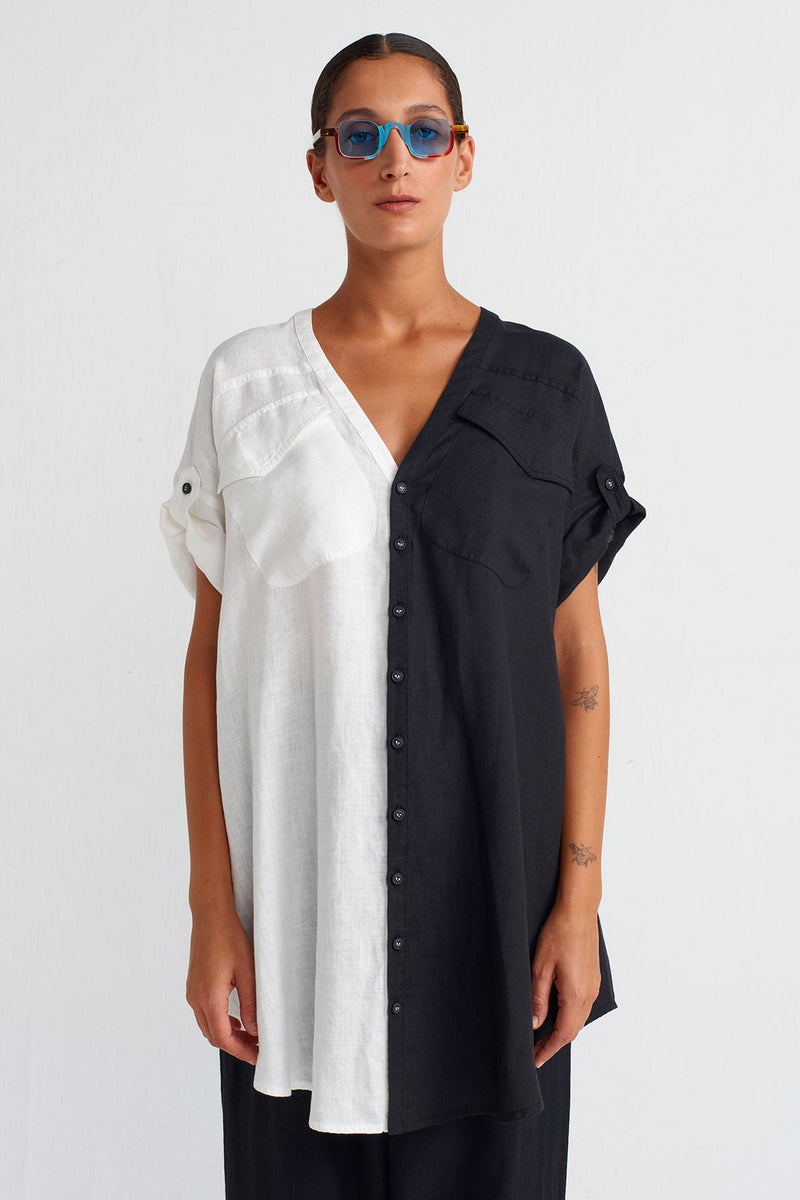 NU Color Block Linen Blouse Black/Offwhite