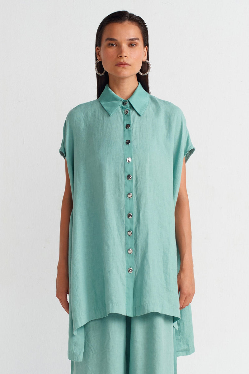 NU Linen Silver Button Shirt Turquoise