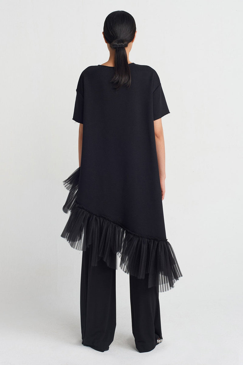 NU Pleated Hem, Printed Blouse Black - Silver