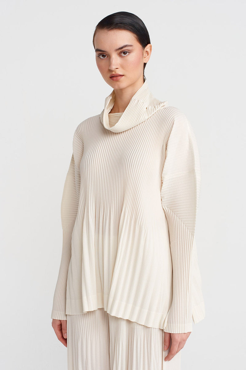 NU Long-Sleeve Pleated Blouse Ecru
