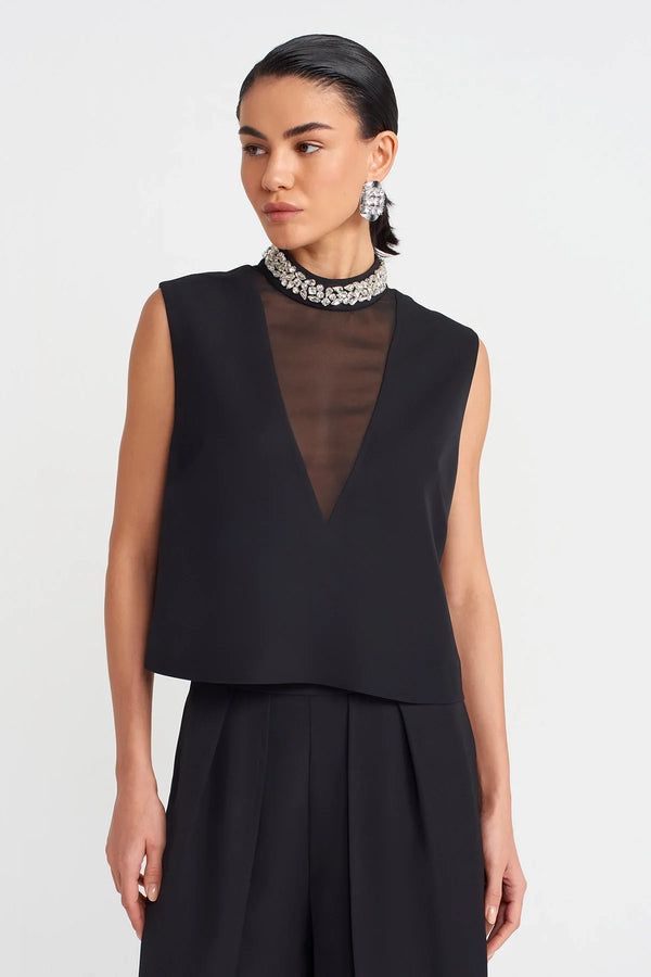 NU Embroidered V Neck Stylish Blouse Black