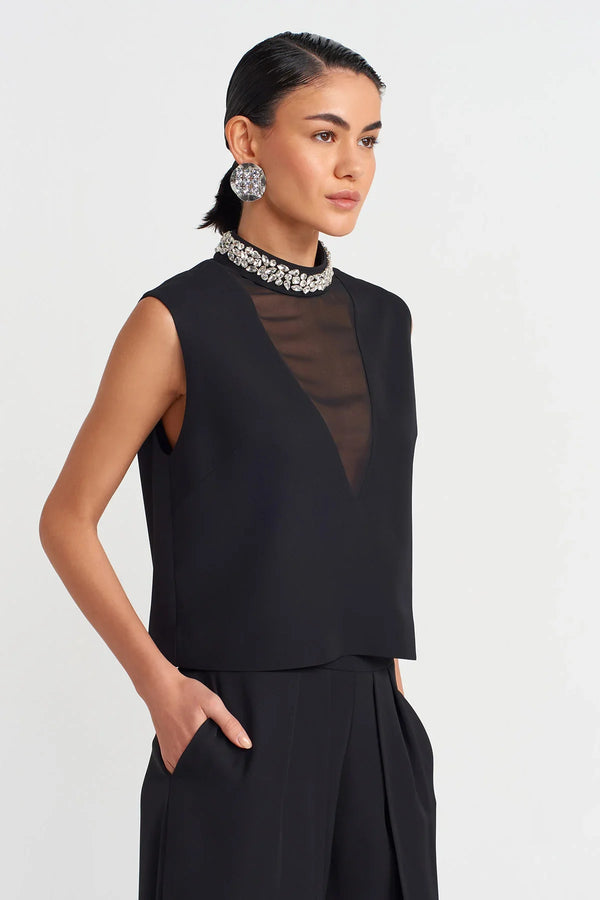 NU Embroidered V Neck Stylish Blouse Black