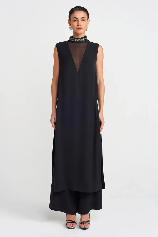 NU Embroidered V Neck Tunic Blouse Black