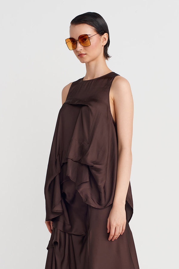 NU Satin Blouse With Pleated Details Chocolate Brown