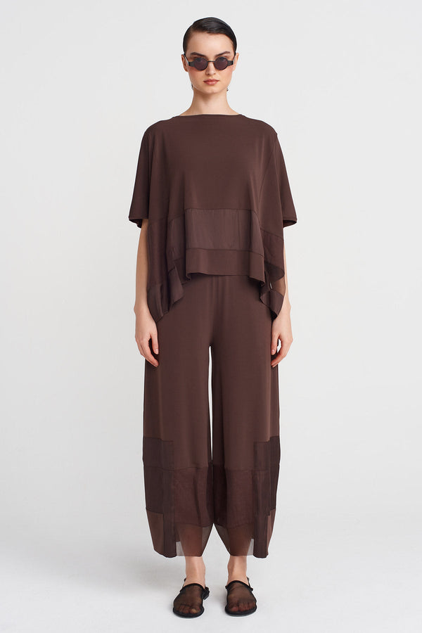 NU Jersey T-Shirt With Organza And Taffeta Striped Details Chocolate Brown