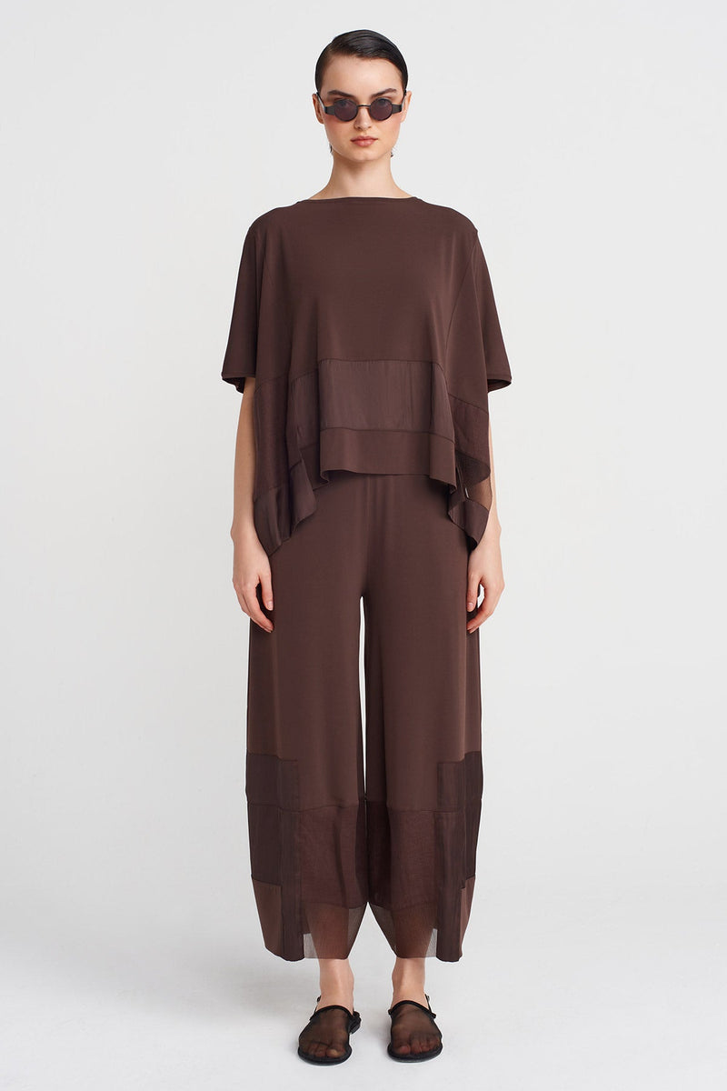 NU Jersey T-Shirt With Organza And Taffeta Striped Details Chocolate Brown