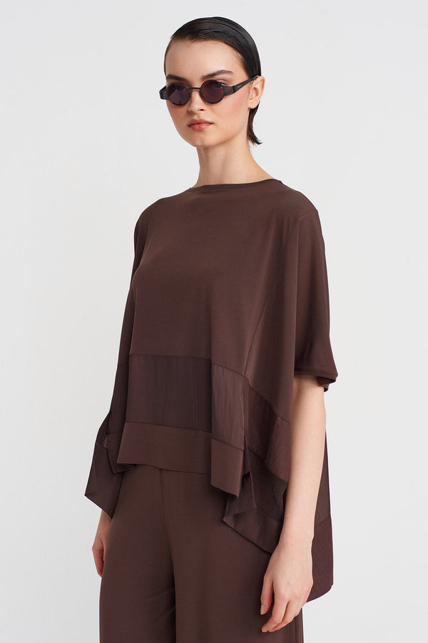NU Jersey T-Shirt With Organza And Taffeta Striped Details Chocolate Brown