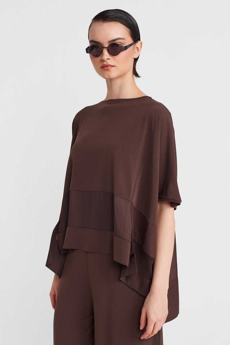 NU Jersey T-Shirt With Organza And Taffeta Striped Details Chocolate Brown