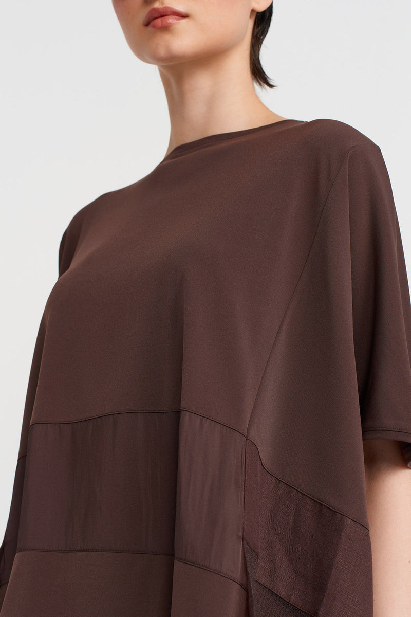 NU Jersey T-Shirt With Organza And Taffeta Striped Details Chocolate Brown