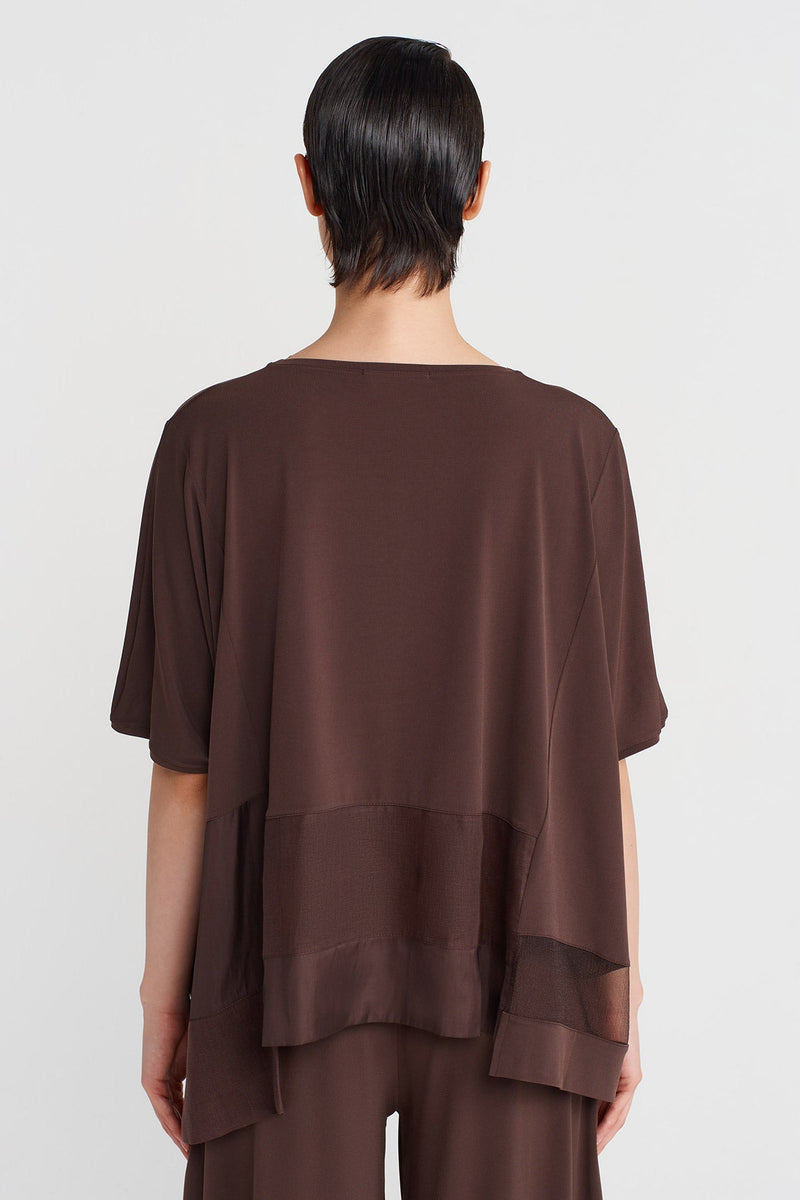 NU Jersey T-Shirt With Organza And Taffeta Striped Details Chocolate Brown