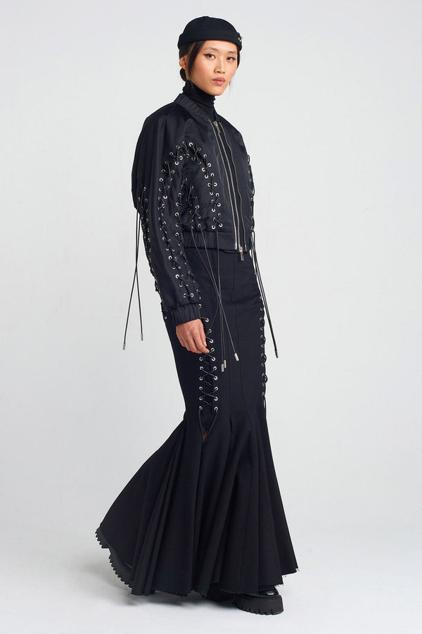 NU Bird-Eye And Lace-Up Detail Fish Tail Skirt Black