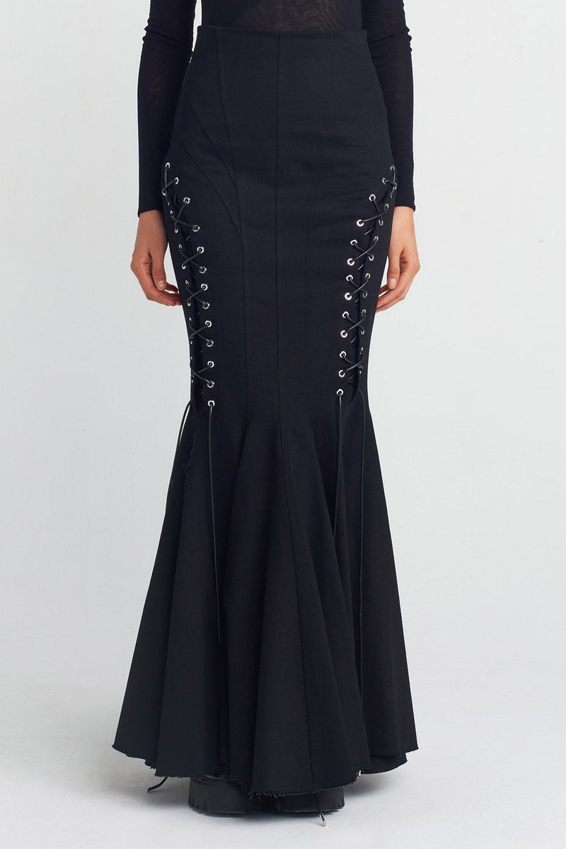 NU Bird-Eye And Lace-Up Detail Fish Tail Skirt Black
