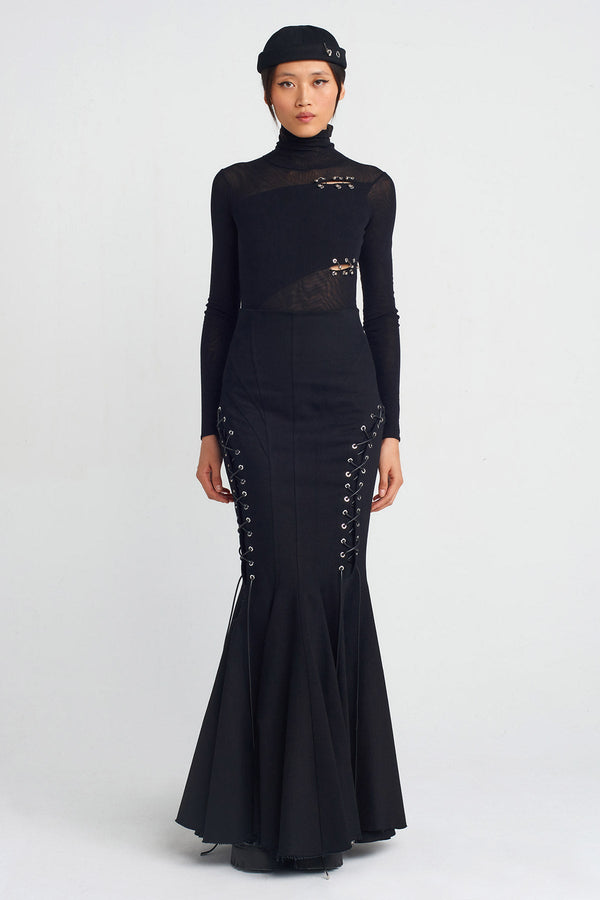 NU Bird-Eye And Lace-Up Detail Fish Tail Skirt Black