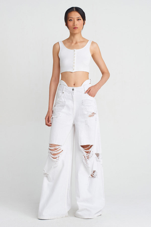 NU Distressed Detail Denim Pants Off White