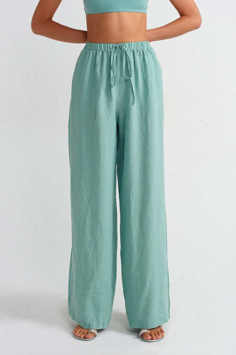 NU Linen Satin Stripe Pants Turquoise