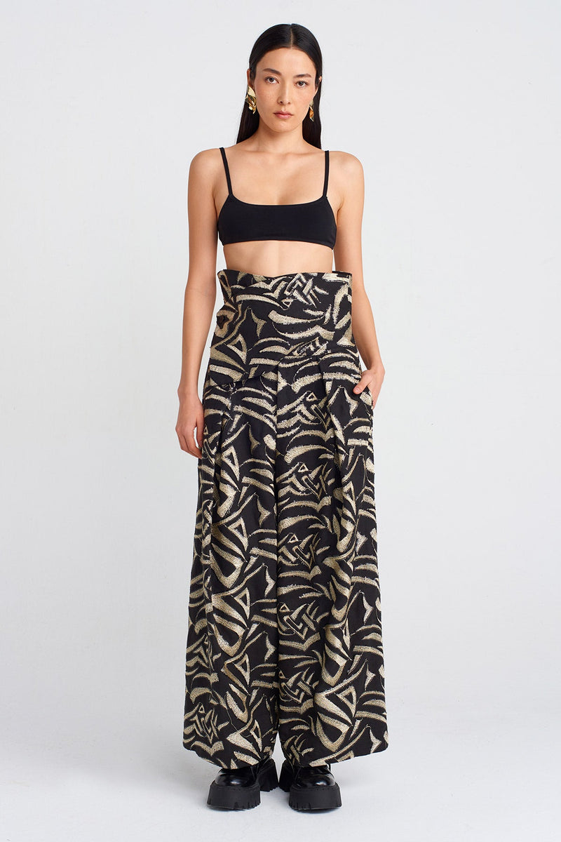 NU High-Waisted Gold Embroidered Pants Black