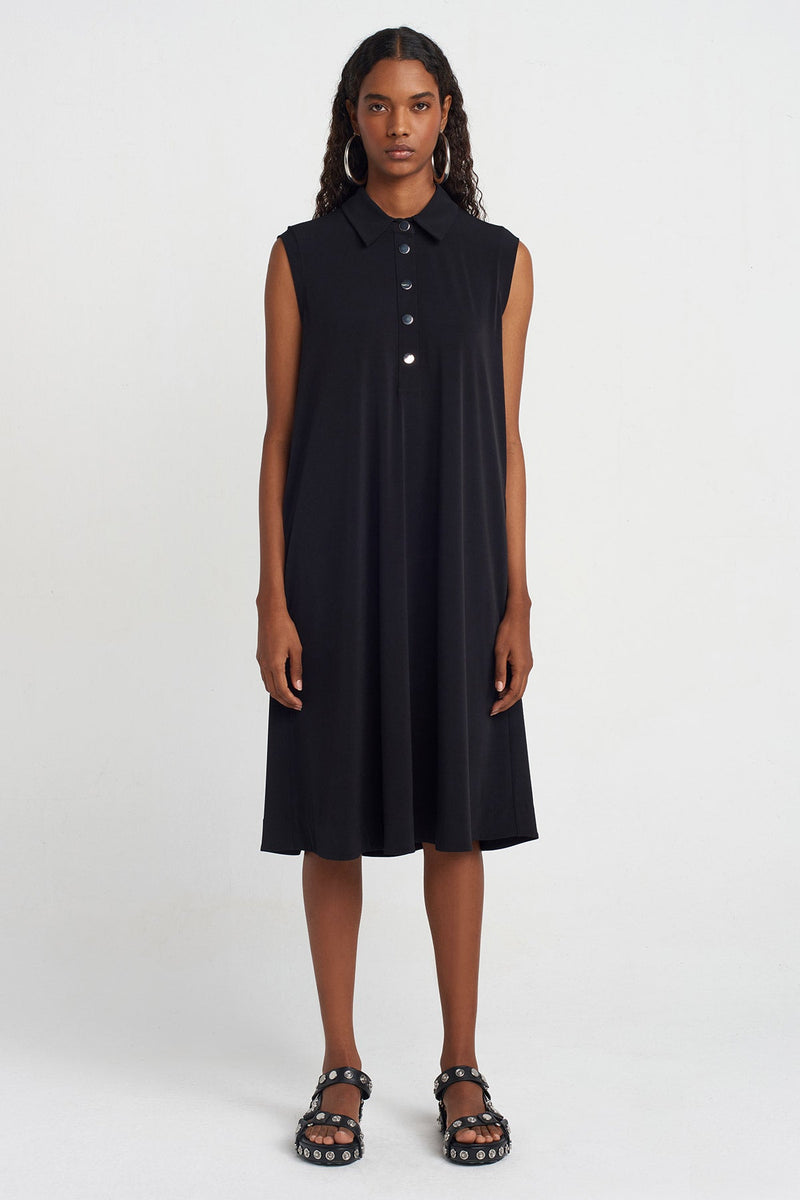 NU Eyelet Jersey Shirt Collar Dress Black