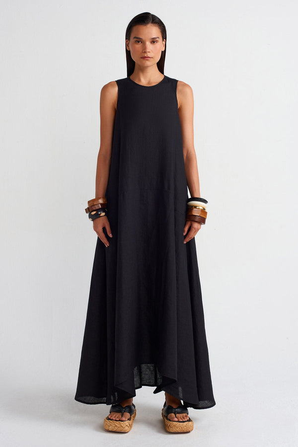 NU Pocketed Long Linen Dress Black