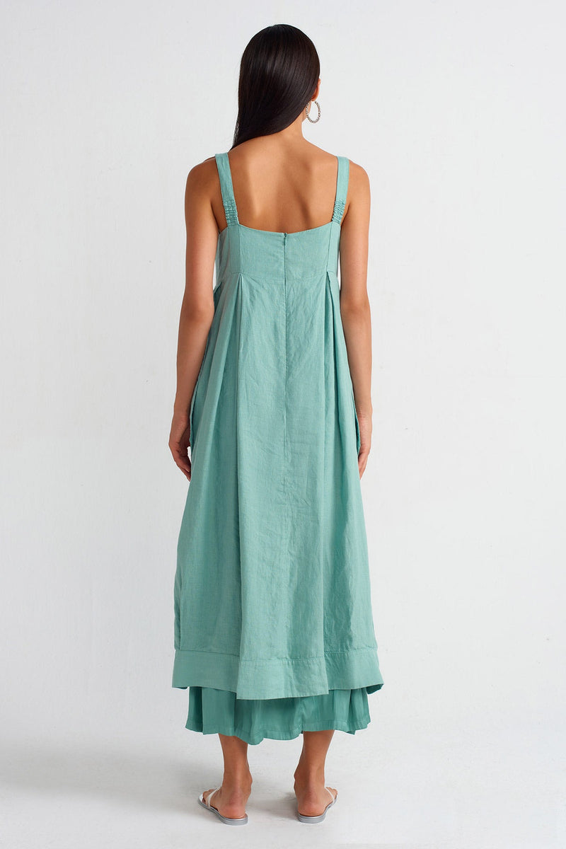 NU Strappy Linen And Satin Combination Dress Turquoise