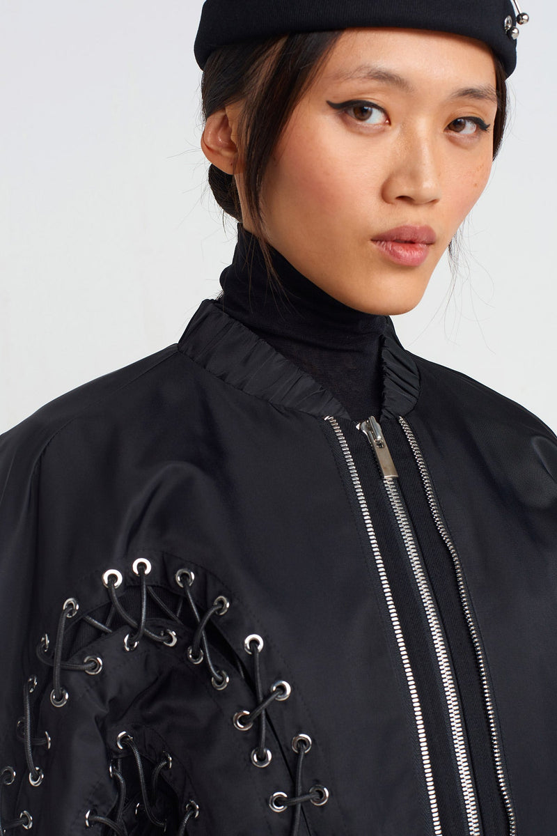 NU Bird-Eye And Lace-Up Detailed Bomber Jacket Black