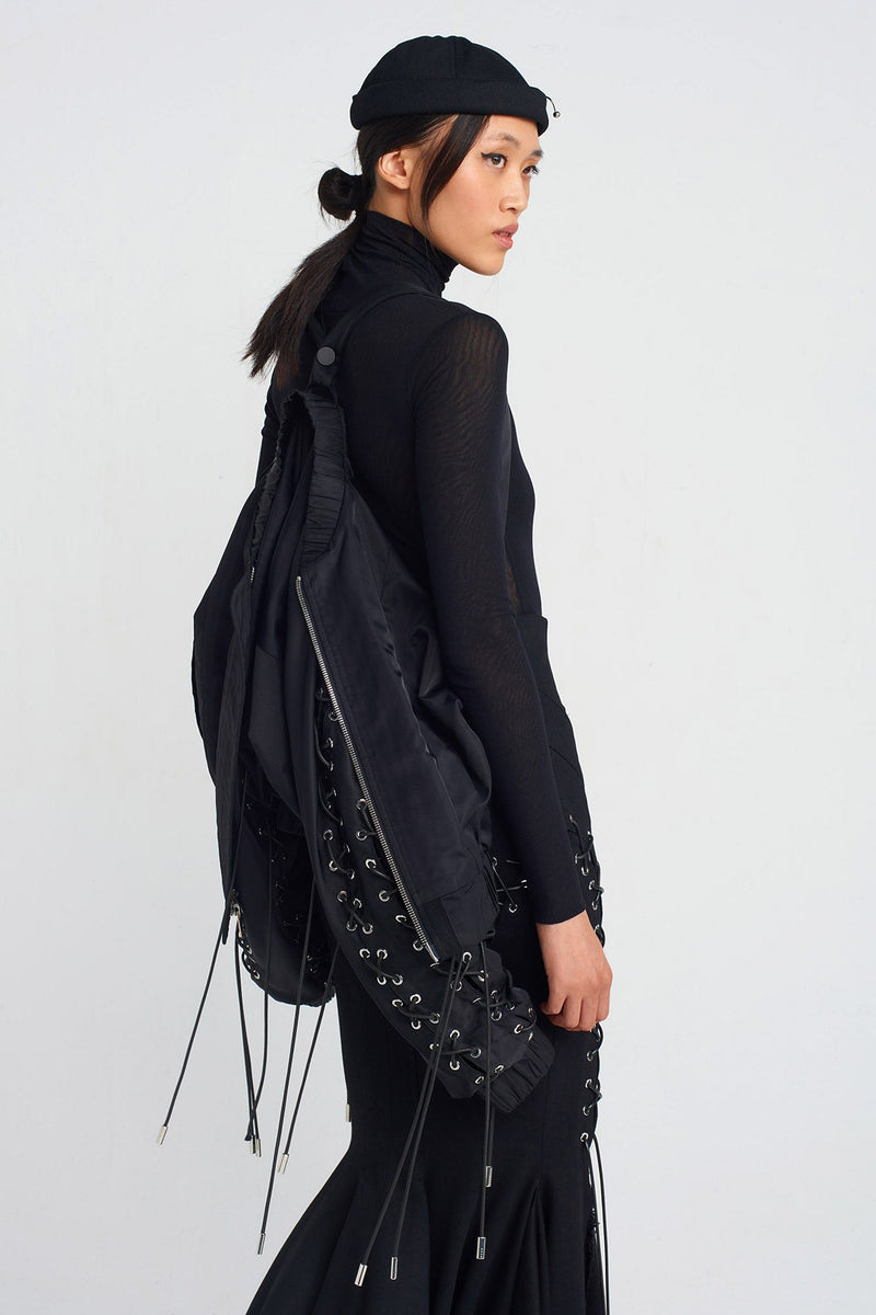 NU Bird-Eye And Lace-Up Detailed Bomber Jacket Black