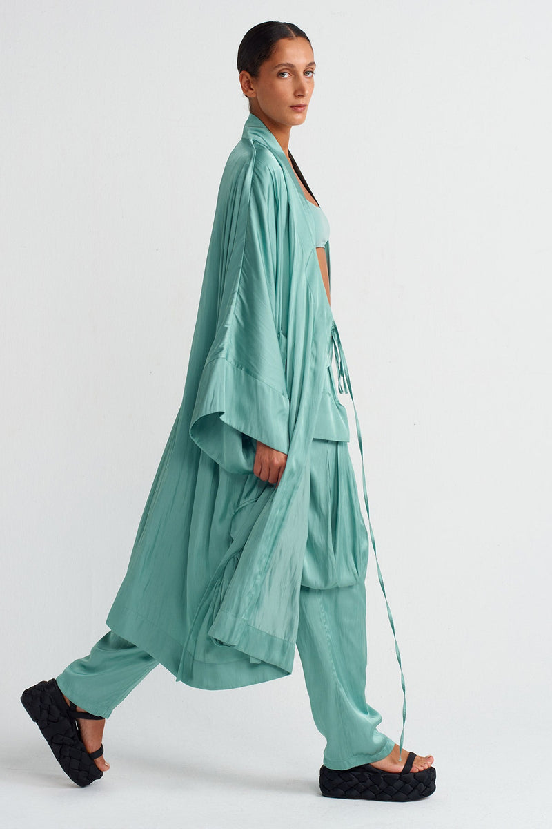 Nu Pocket Satin Kimono Turquse