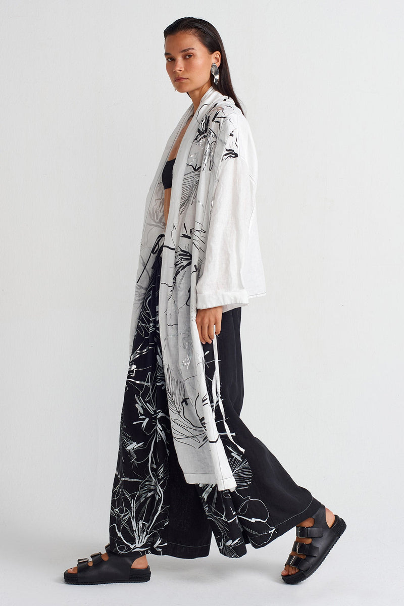 Nu Printed Linen Long Kimono Off White/Black