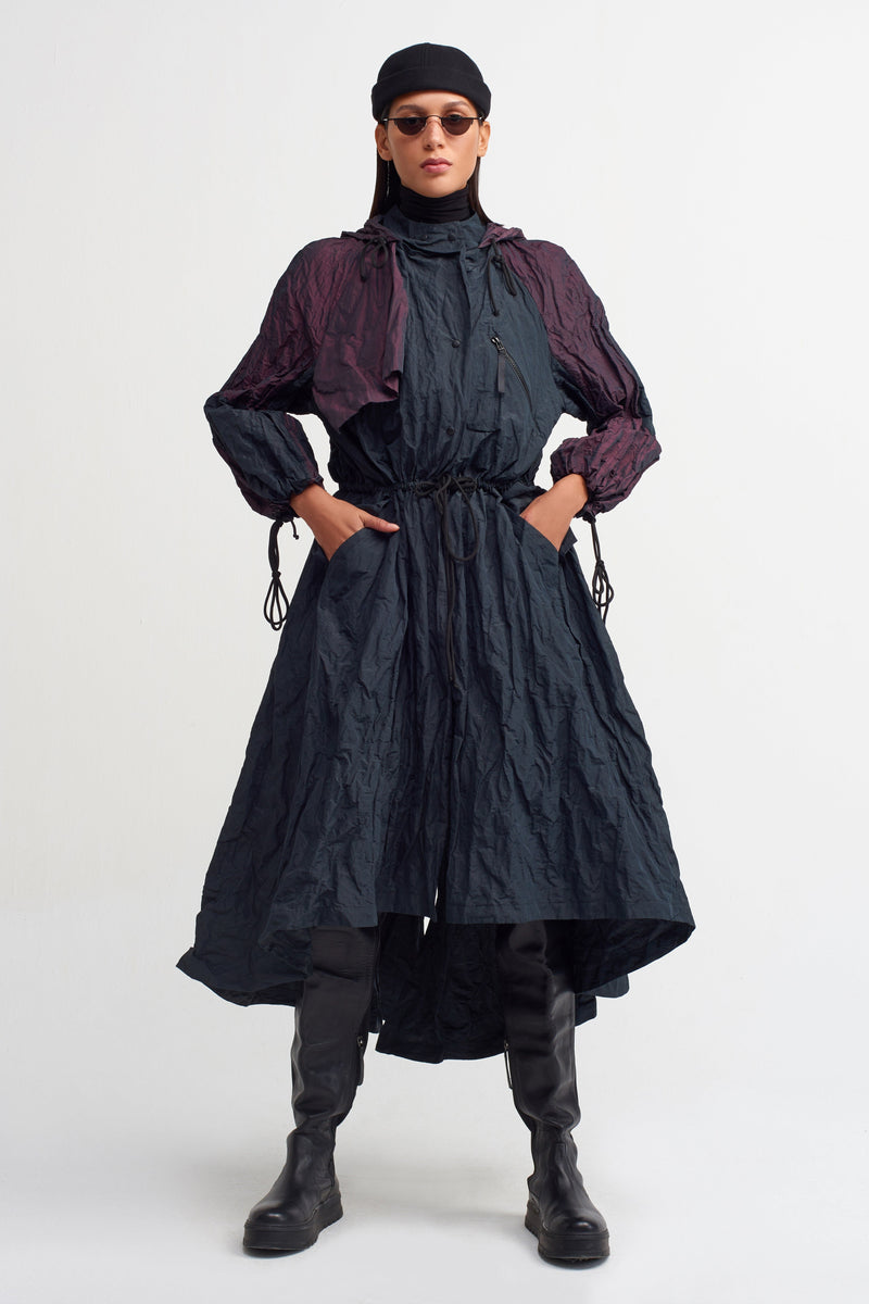 NU Colorblock Hooded Trench Coat  Plum/Black
