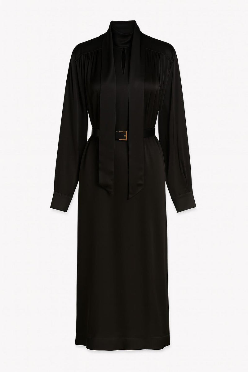 Setre Neck Detailed Waist Belted Dress Black
