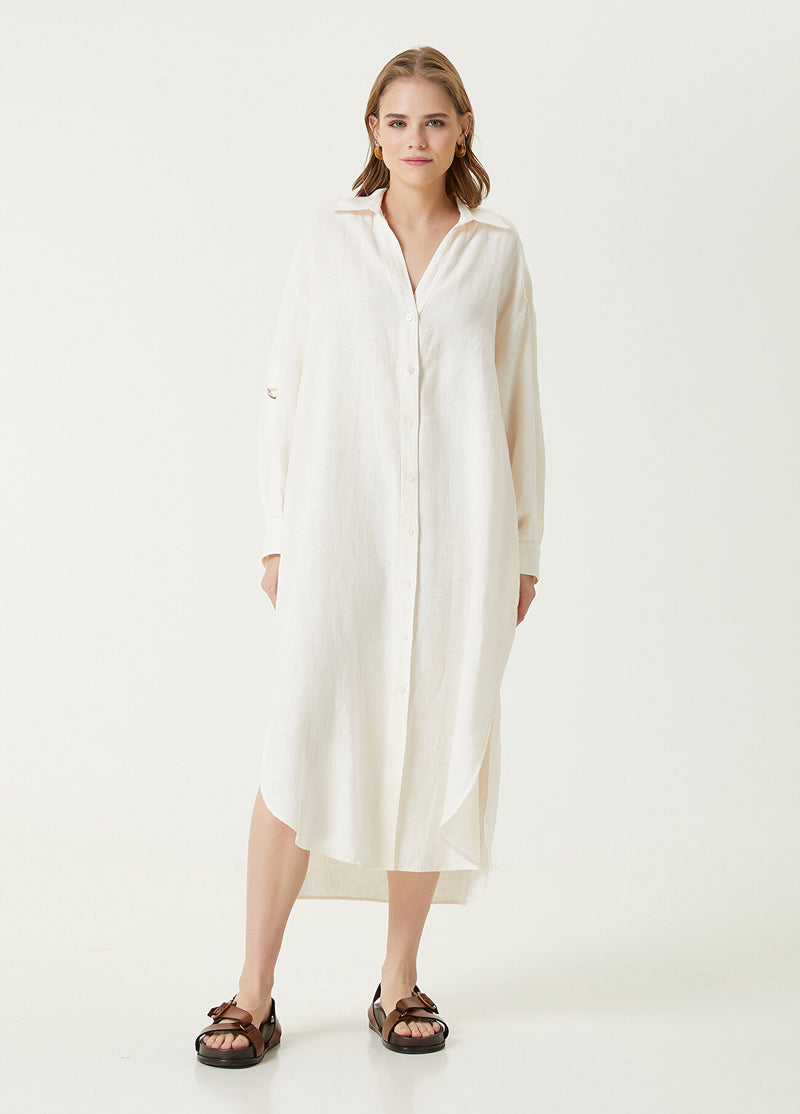 Beymen Club Linen Dress With Slit Detail  Off White