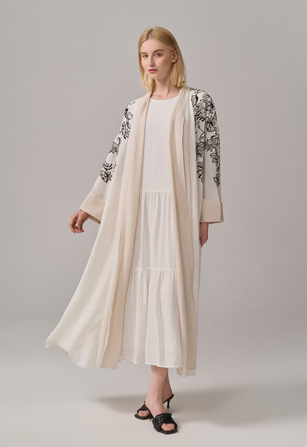 Choice Floral Printed Belted Maxi Abaya Off White
