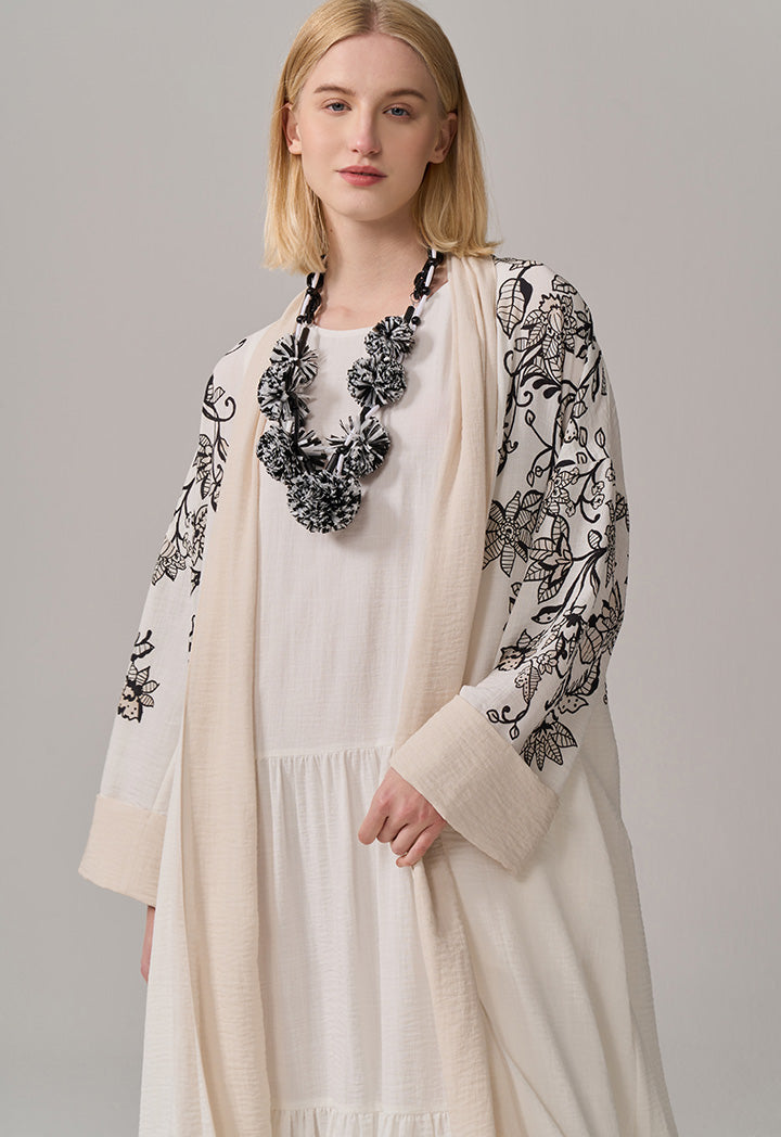 Choice Floral Printed Belted Maxi Abaya Off White