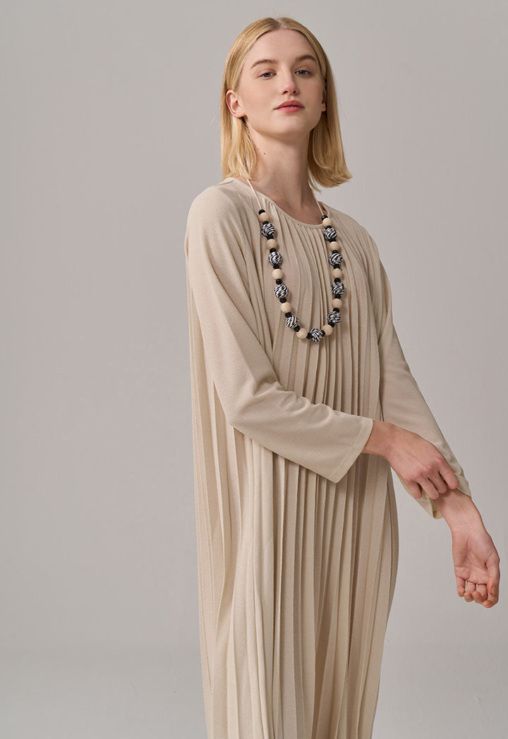 Choice Solid Long Sleeve Pleated Dress Beige