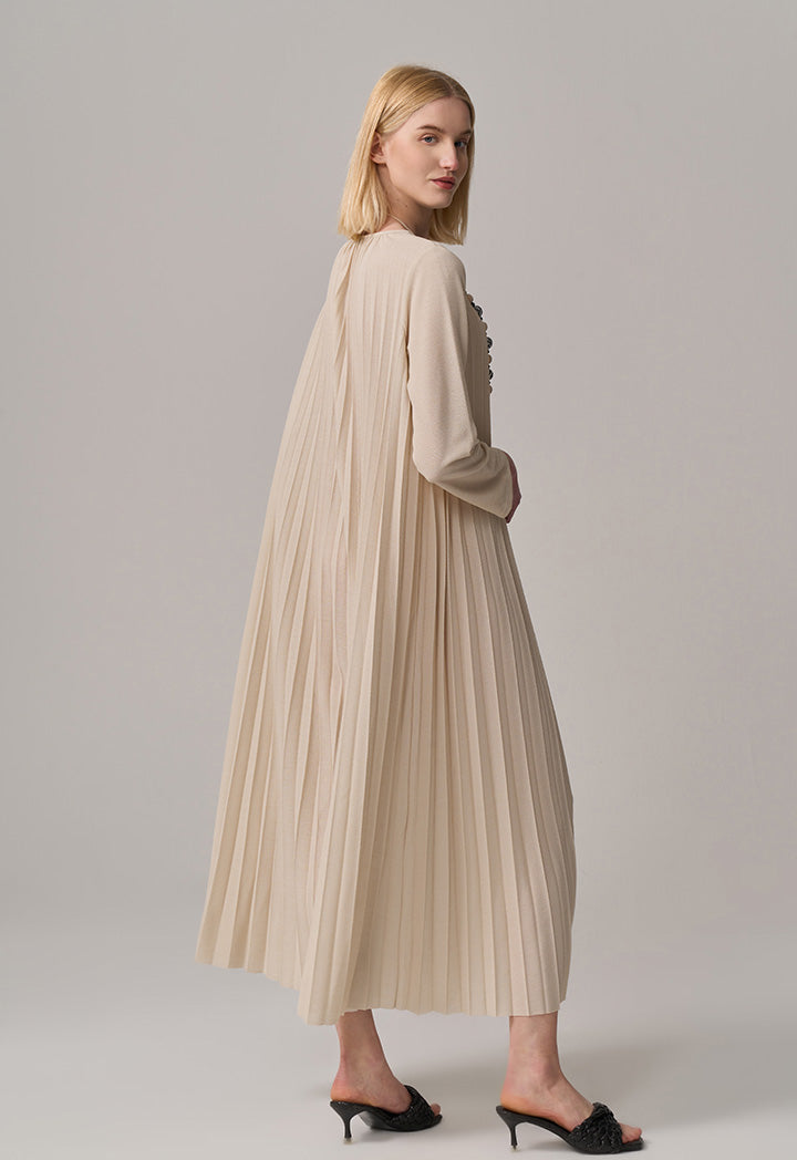 Choice Solid Long Sleeve Pleated Dress Beige