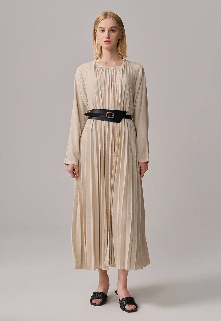 Choice Solid Pleated Maxi Open Abaya Beige