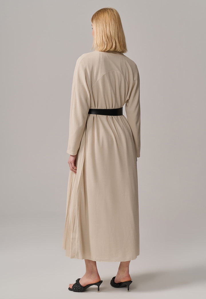 Choice Solid Pleated Maxi Open Abaya Beige
