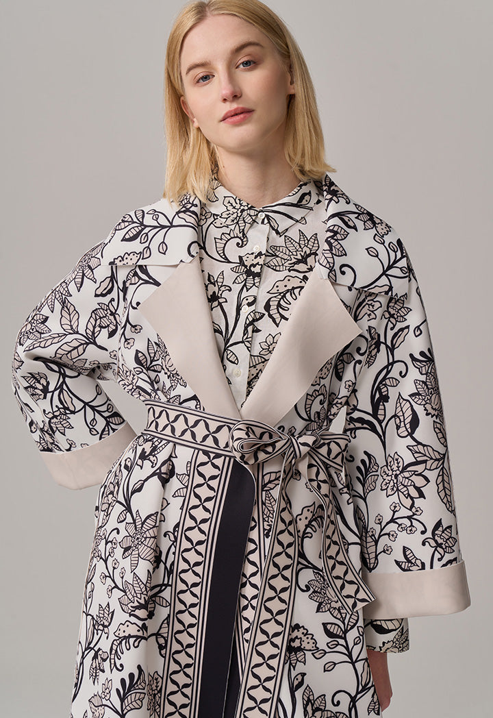 Choice Floral Printed Long Sleeve Belted Jacket Multi Color