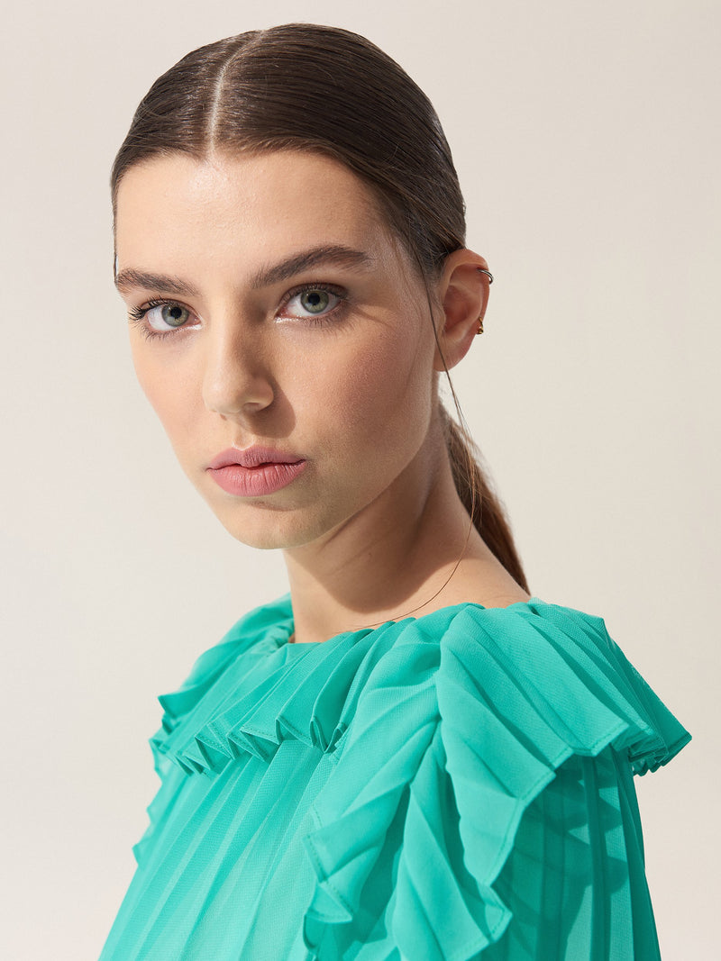 Baqa Ruffle Detail Pleated Dress Green