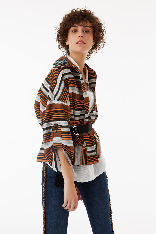 Exquise Jacket Stripe +Belt Print - Wardrobe Fashion