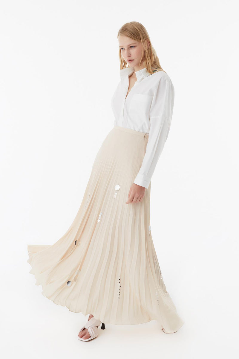 Exquise Sequin Embroidered Detailed Pleated Maxi Skirt Beige